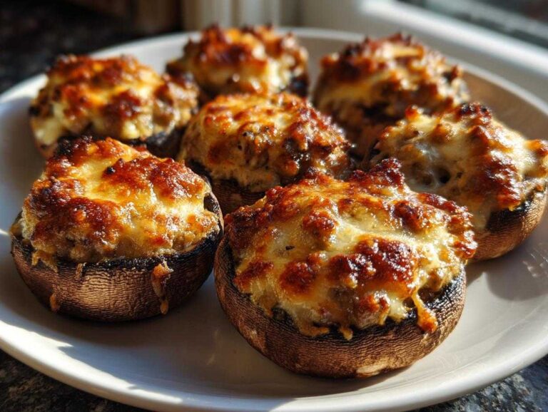 Six golden-brown sausage stuffed mushrooms topped with bubbly, browned cheese served on a white plate.
