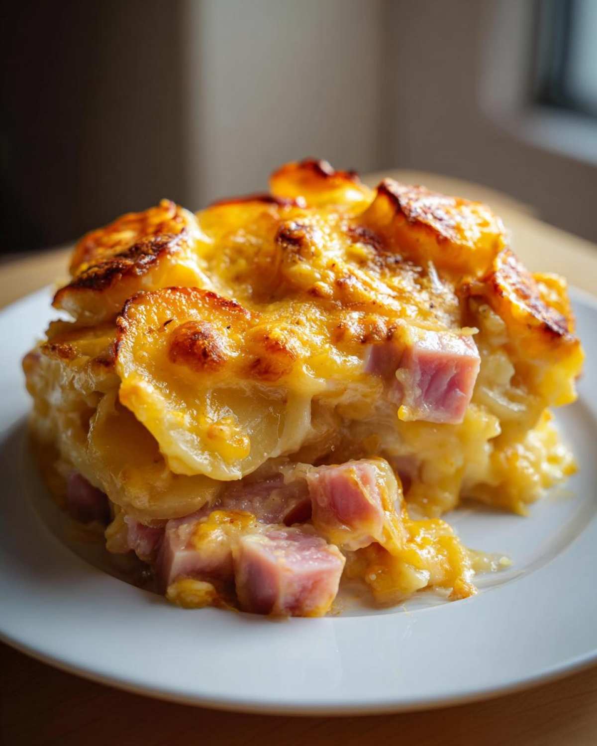A close-up serving of cheesy scalloped potatoes and ham, baked until golden brown on top.
