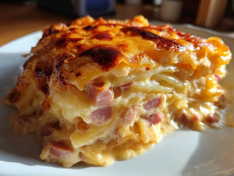 A close-up of a rich, cheesy slice of scalloped potatoes and ham with a golden-brown crust.