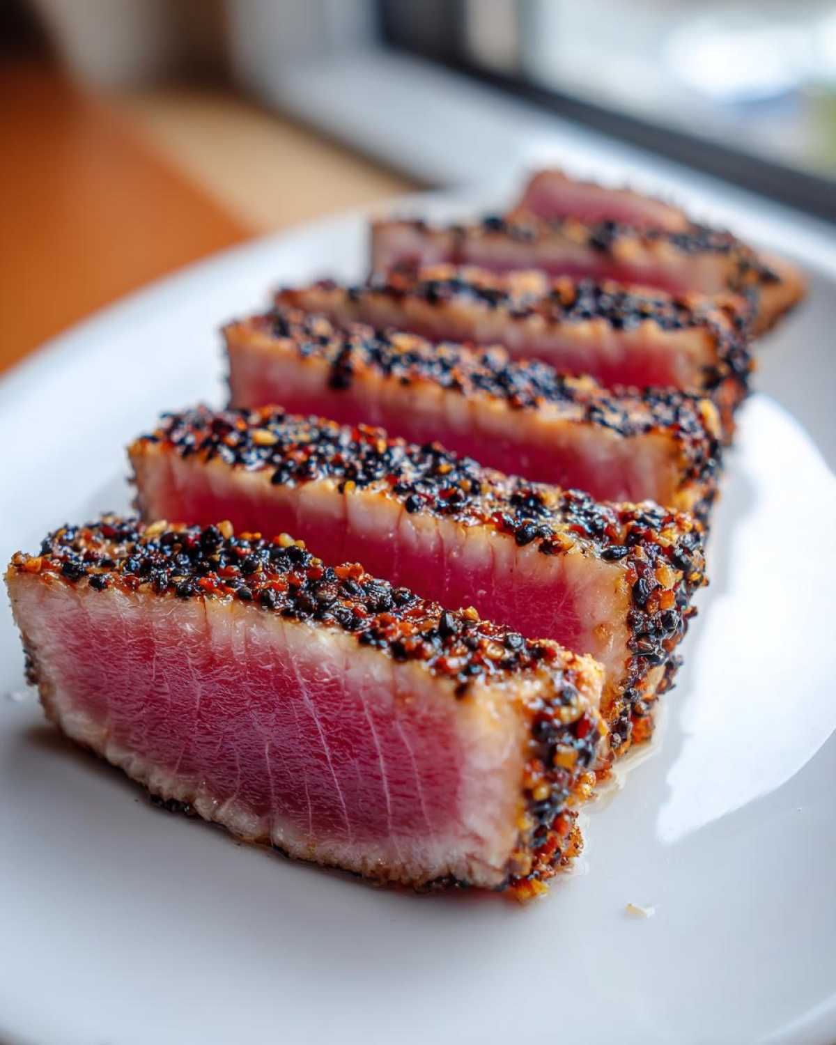 Close-up of several slices of perfectly seared ahi tuna, showing a bright pink center and a dark sesame seed crust.