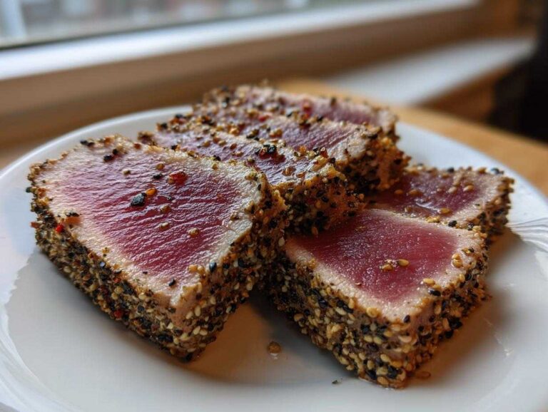 Four slices of perfectly Seared Ahi Tuna, crusted with sesame seeds and pepper, showing a bright red center.