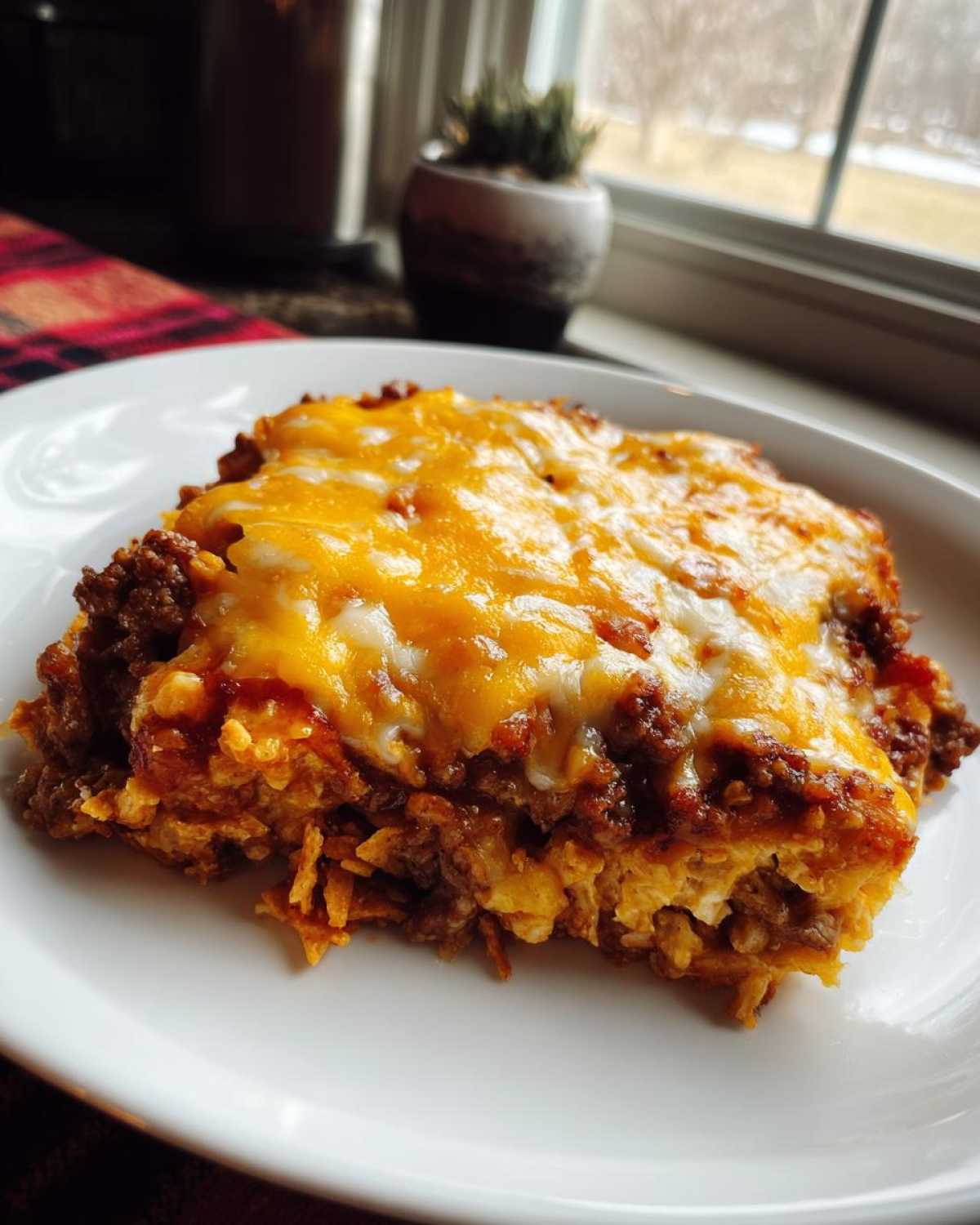 A square serving of Dorito Casserole topped with melted cheddar and Monterey Jack cheese, sitting on a white plate.