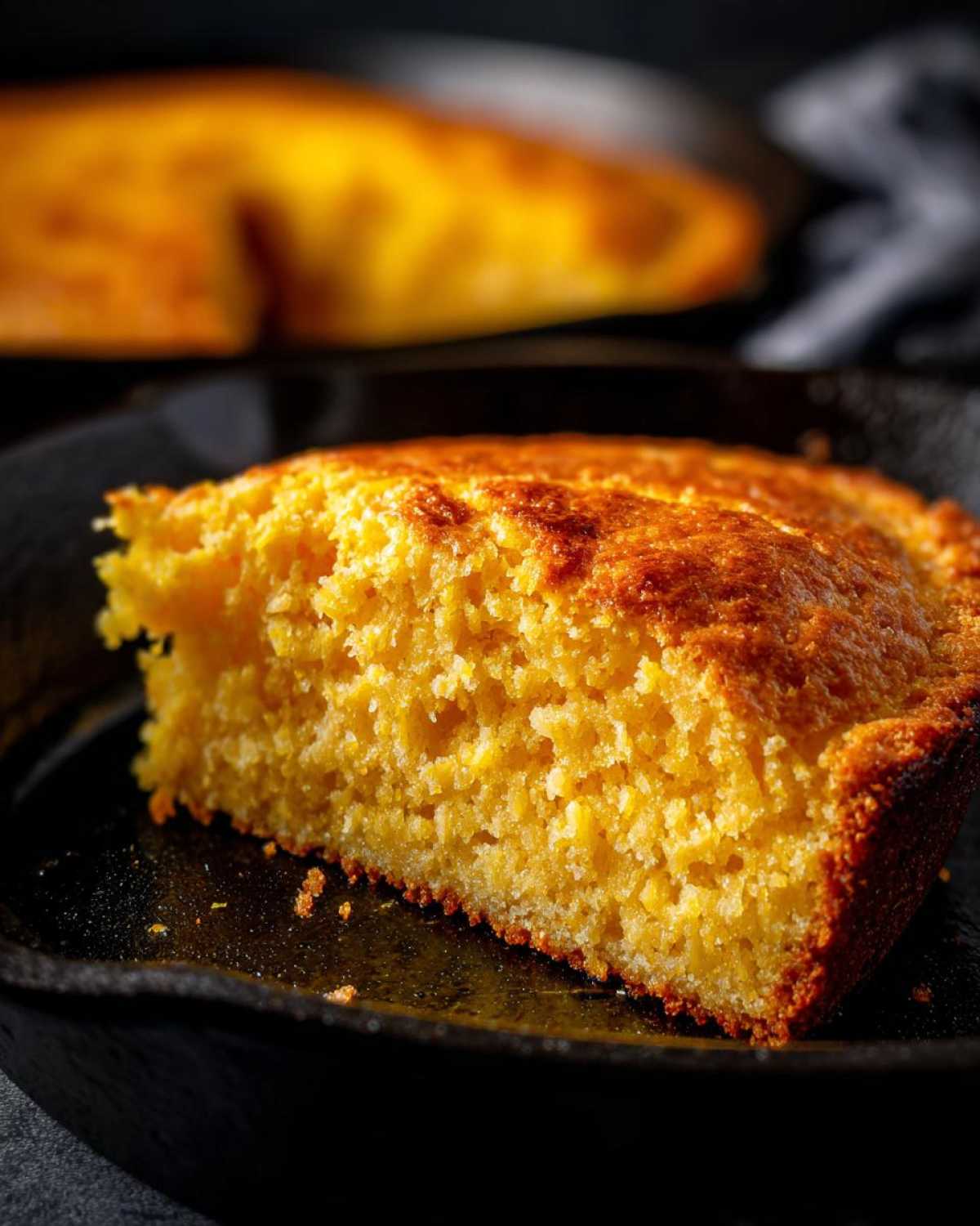 Close-up of a thick, golden slice of skillet cornbread resting inside the black cast iron pan.