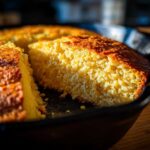 Close-up of a slice of golden, moist skillet cornbread with a dark, crispy crust in a cast iron pan.