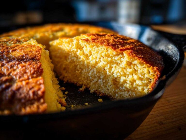 Close-up of a slice of golden, moist skillet cornbread with a dark, crispy crust in a cast iron pan.
