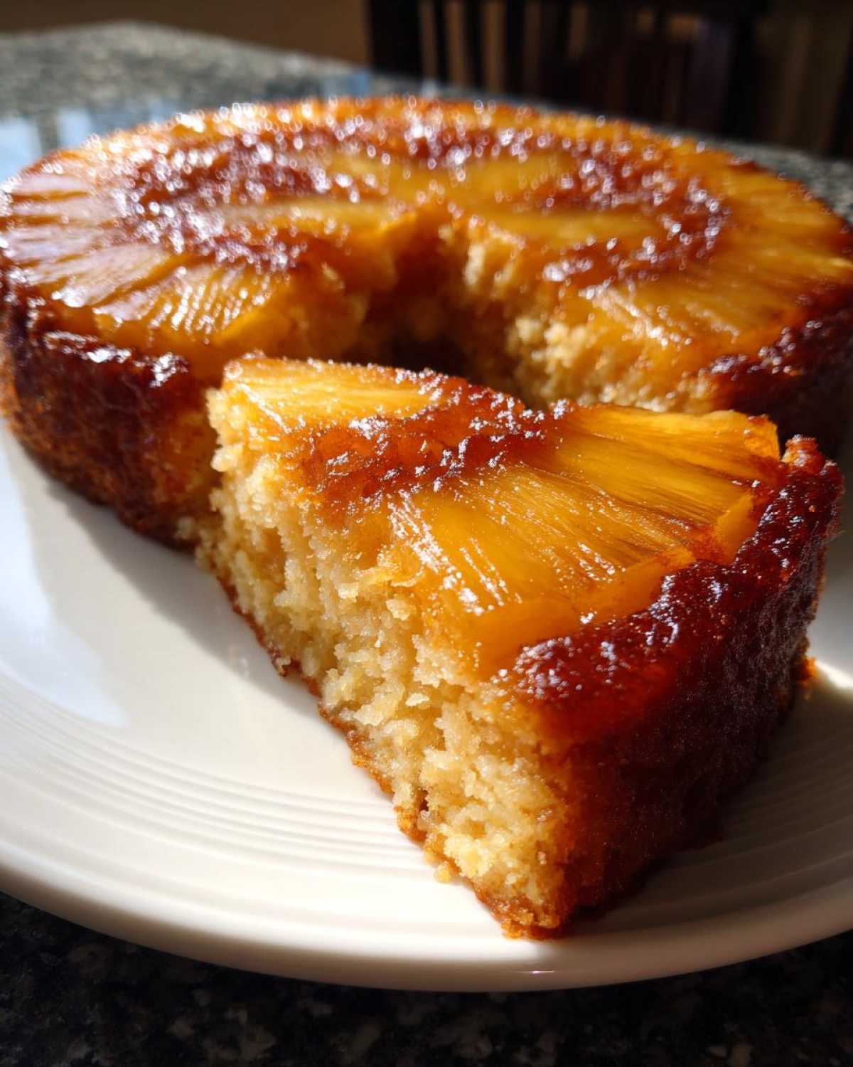 A slice of moist pineapple upside down cake with caramelized topping, next to the rest of the cake.