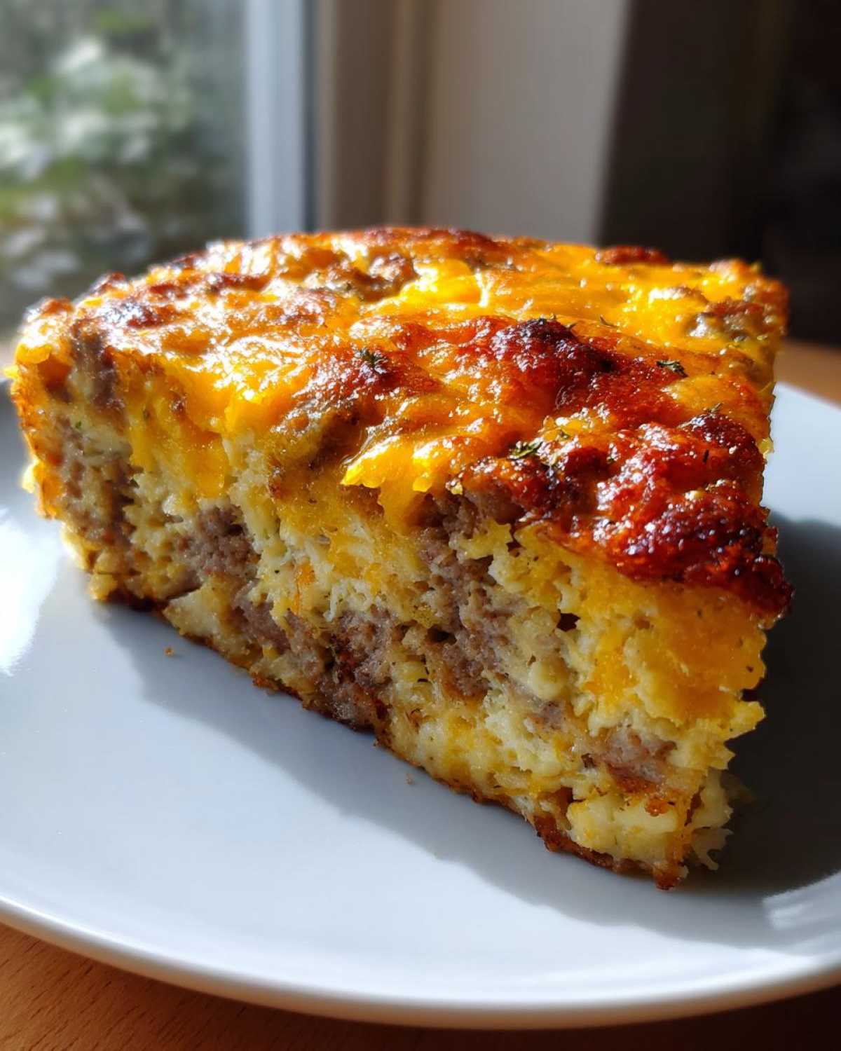 A close-up slice of a savory egg bake with sausage and melted cheddar cheese topping.