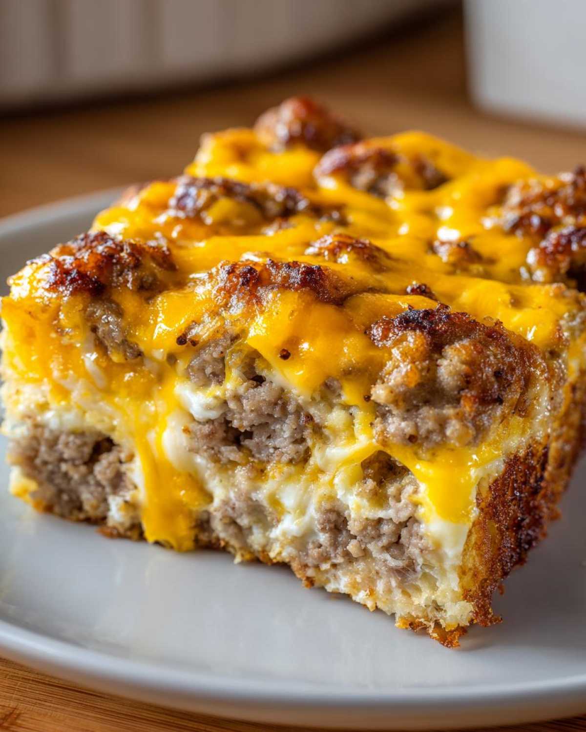 Close-up of a hearty slice of tater tot breakfast casserole featuring sausage, eggs, and melted cheddar cheese.