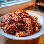 A close-up of tender, shredded Slow Cooker Pulled Pork piled high on a white plate.