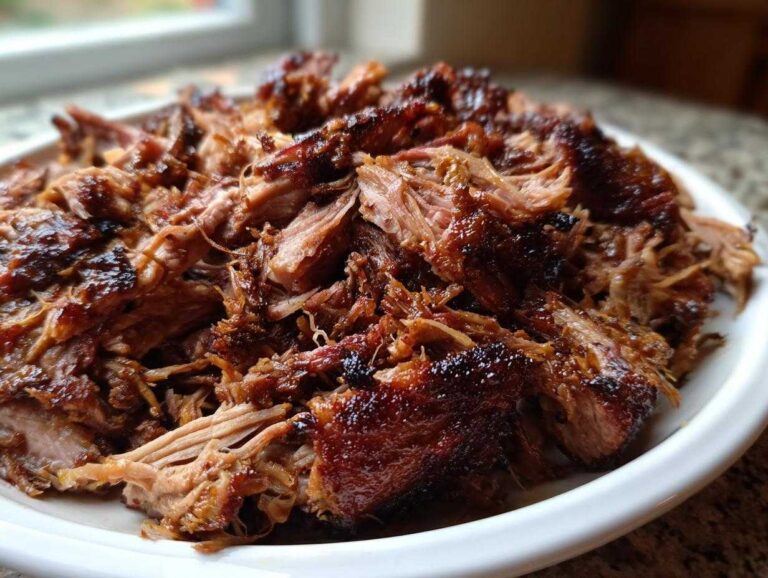 Close-up of tender, shredded Slow Cooker Pulled Pork piled high on a white plate, showing caramelized edges.