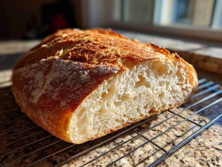 Close-up of a freshly baked loaf of soft French bread, cut open to show the airy crumb and golden crust.