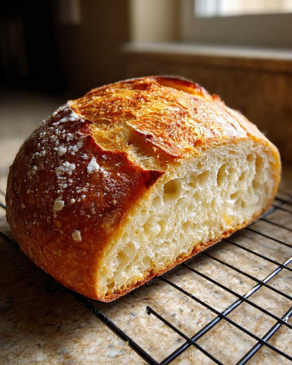 Close-up of a freshly baked loaf of French bread, cut in half to show the airy crumb structure and golden crust.