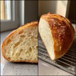 Split image showing the open, airy crumb and golden crust of the soft French bread.