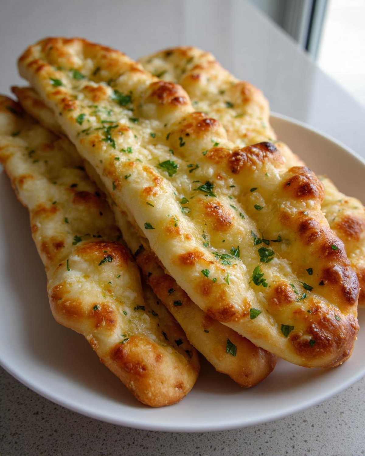 A stack of warm, soft garlic butter breadsticks topped with melted cheese and fresh parsley, ready to eat.
