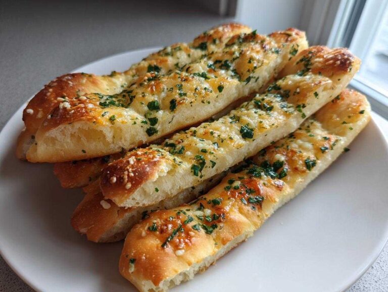 A stack of golden brown, soft breadsticks topped generously with garlic butter and fresh parsley.