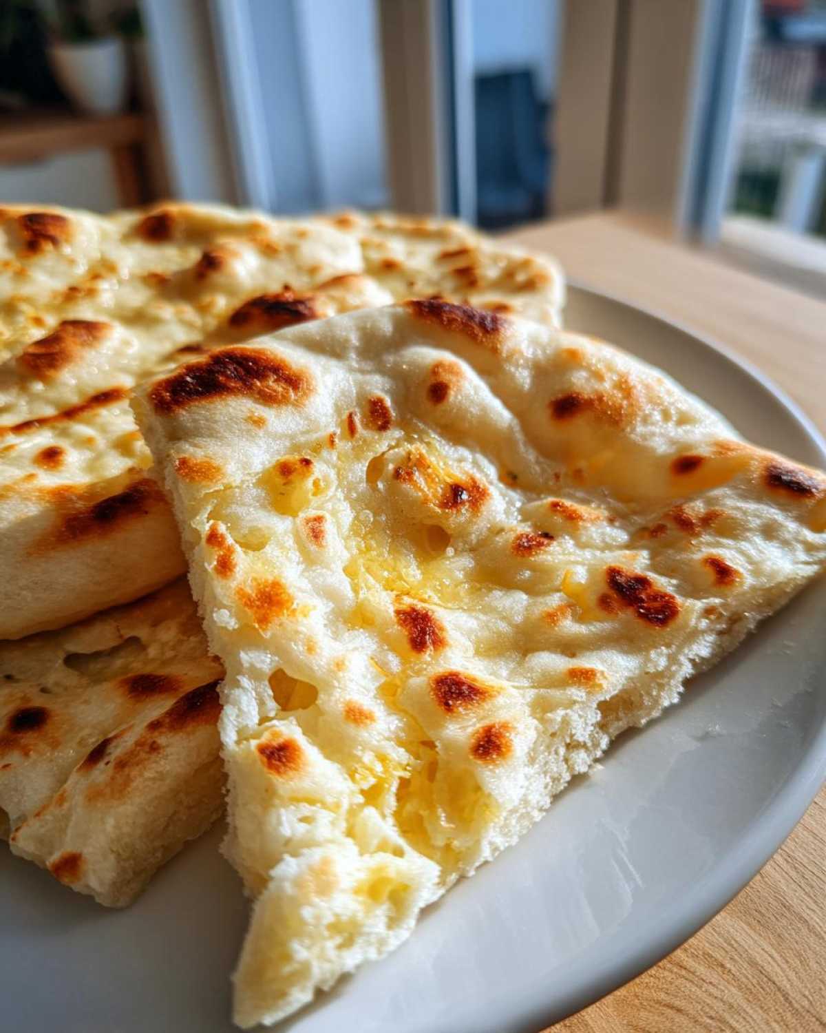 Close-up of freshly baked, soft naan bread, glistening with butter and featuring charred spots.