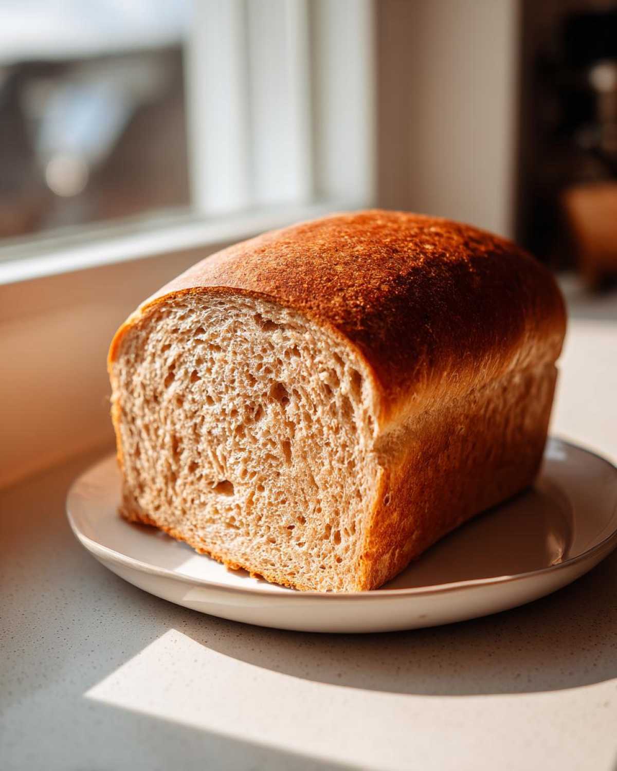 A freshly baked loaf of soft whole wheat bread, sliced to show the airy crumb, resting on a white plate.