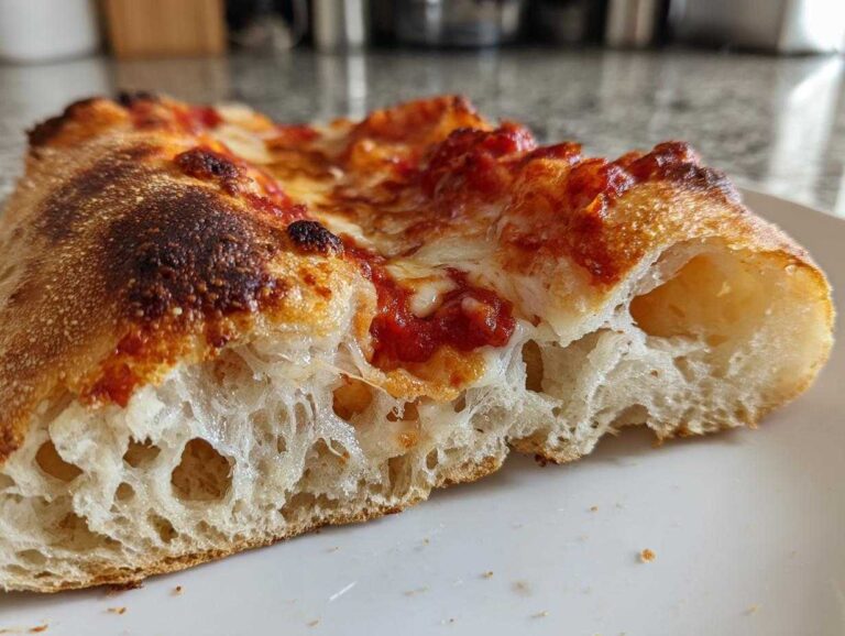 Close-up of a slice of pizza showing the airy, open crumb structure achieved with sourdough discard pizza dough.