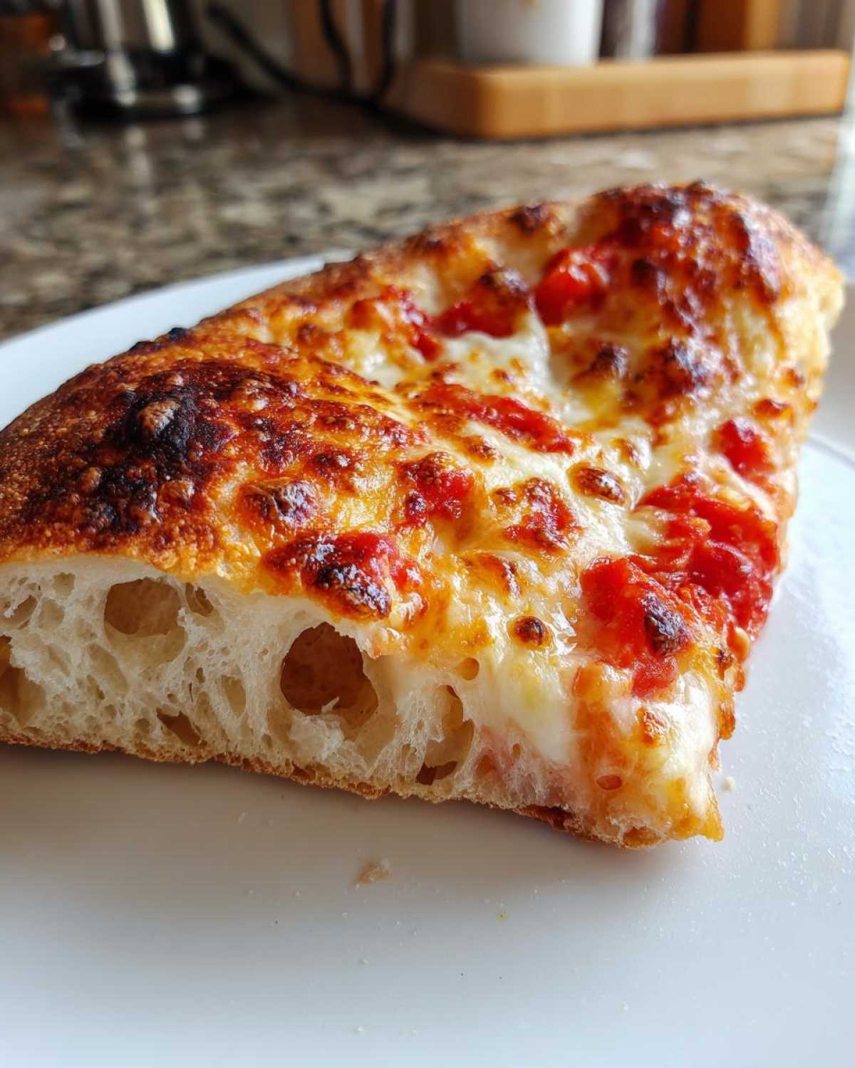 Close-up of a slice of pizza showing the airy, open crumb structure achieved with sourdough discard pizza dough.