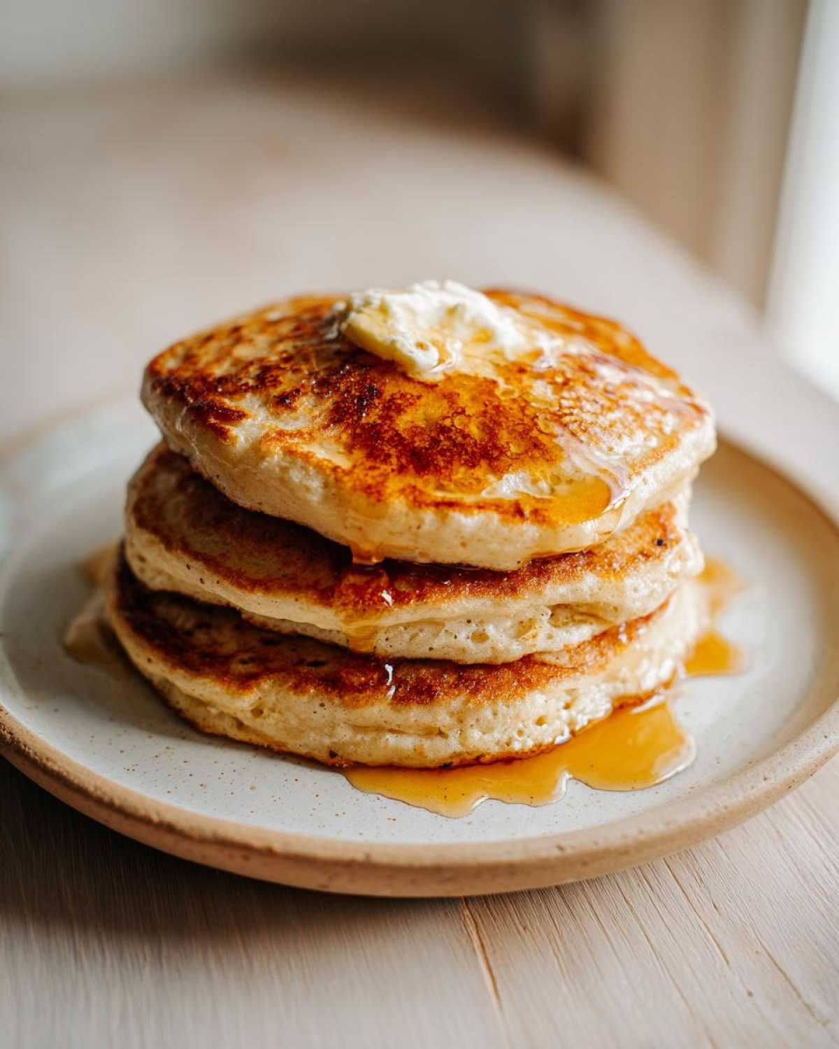 A stack of three golden-brown sourdough pancakes topped with melting butter and drizzled with maple syrup.