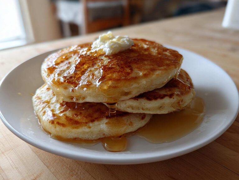 A close-up of three fluffy sourdough pancakes stacked on a white plate, topped with melting butter and drizzled with syrup.