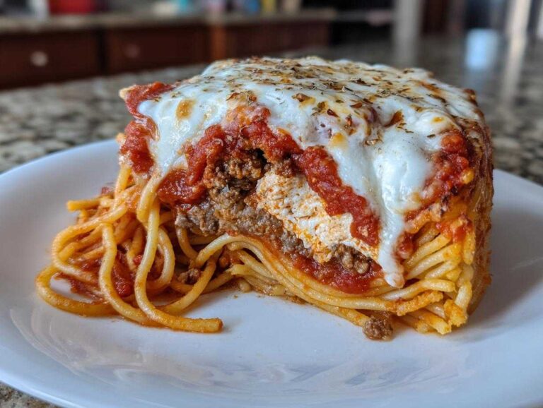 A thick, square slice of baked spaghetti pie with layers of pasta, meat sauce, ricotta, and melted mozzarella cheese on top.