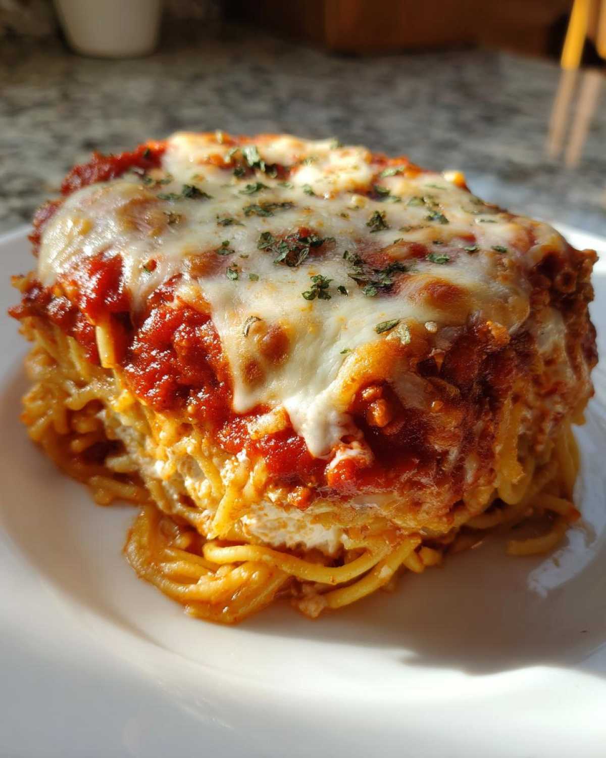 A close-up of a thick slice of baked spaghetti pie topped with melted mozzarella and red sauce.
