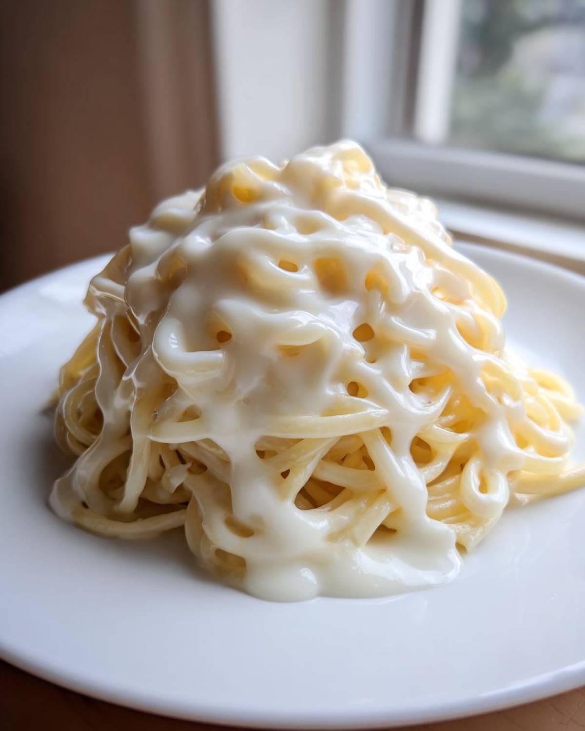 A serving of spaghetti generously coated in thick, creamy homemade alfredo sauce on a white plate.