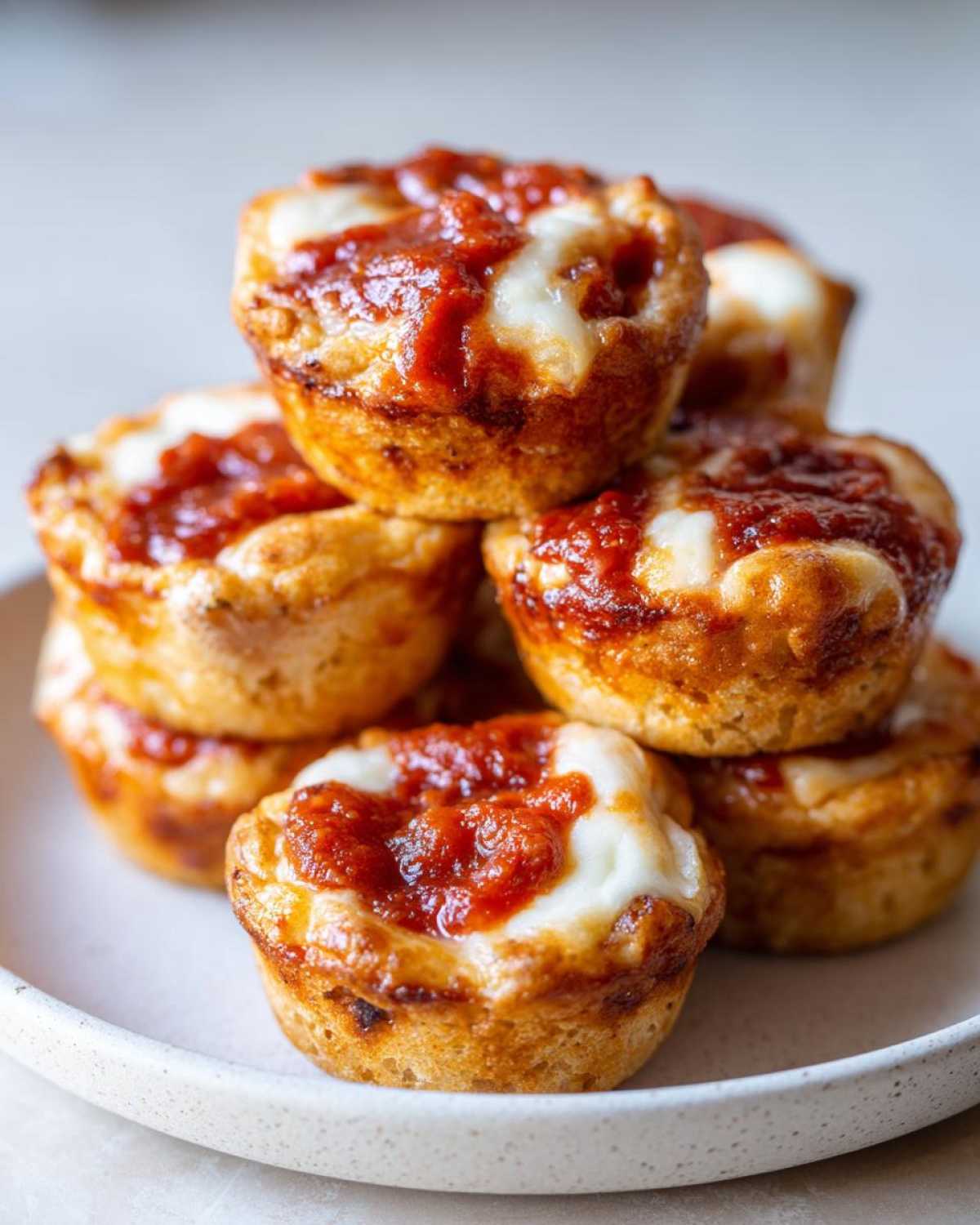 A stack of freshly baked pizza muffins topped with rich tomato sauce and melted mozzarella cheese.