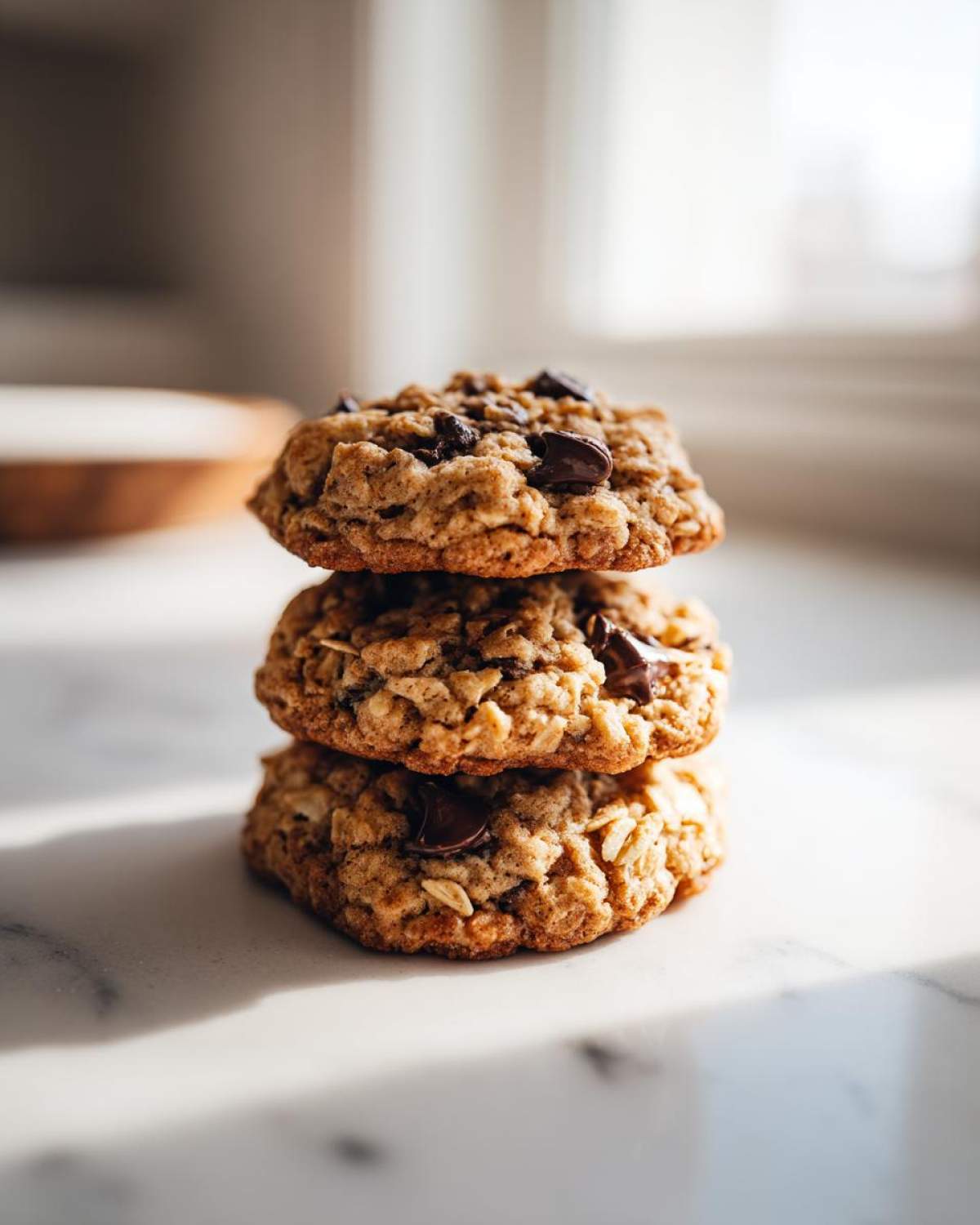 A vertical stack of three chewy chocolate chip oatmeal cookie treats sitting on a bright marble surface.