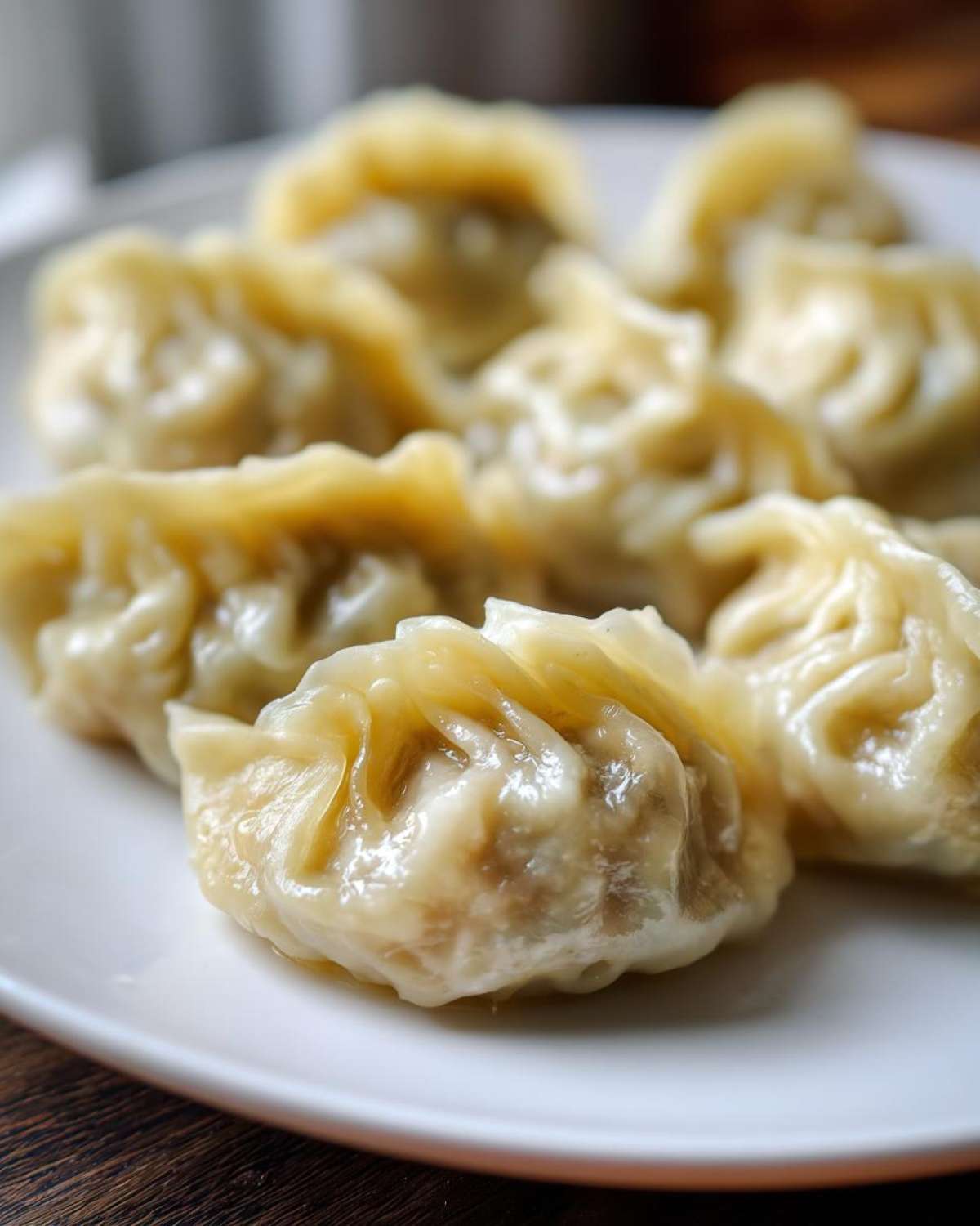 Close-up of several freshly steamed Traditional Chinese Dumplings arranged on a white plate.