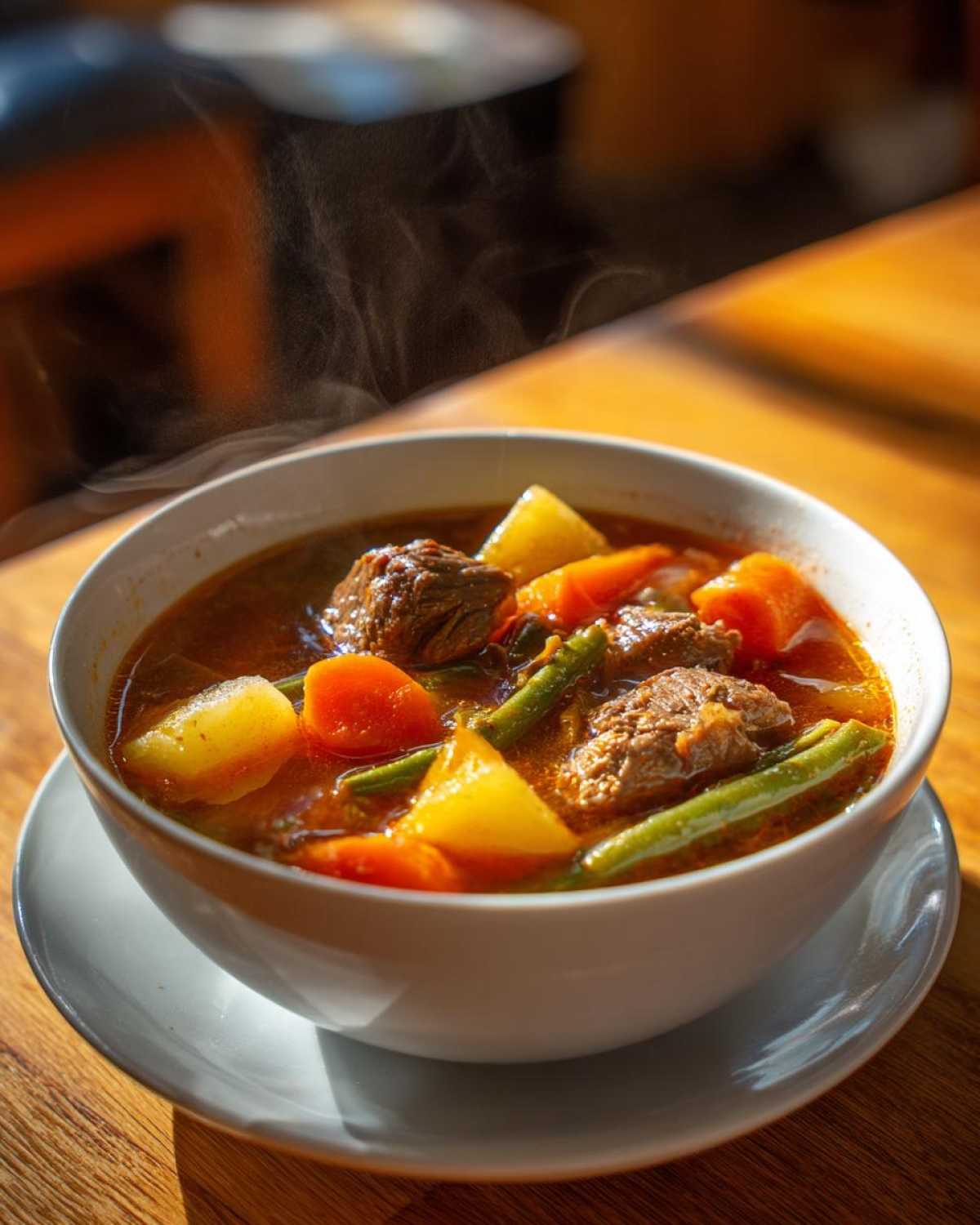 A steaming white bowl filled with rich vegetable beef soup featuring chunks of beef, carrots, potatoes, and green beans.