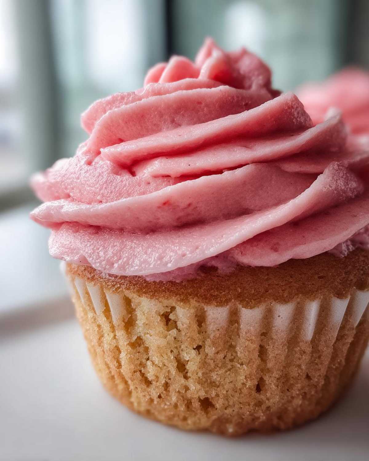 Extreme close-up of a single strawberry cupcake showing the textured, pink strawberry frosting swirl on top of the golden cake base.