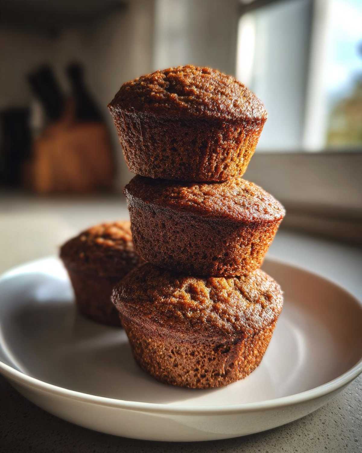 Three freshly baked, dark brown bran muffins stacked on a white plate, highlighted by natural light.