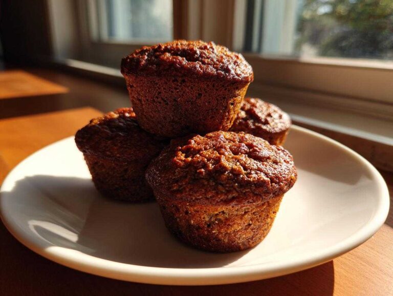 Four dark, moist bran muffins stacked on a white plate, illuminated by strong sunlight from a window.