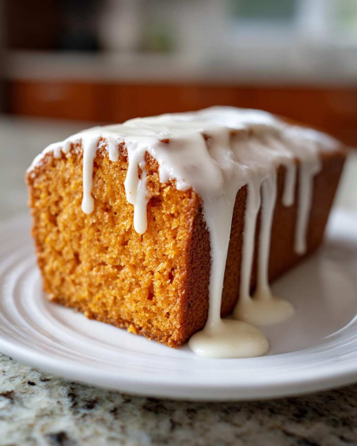 A slice of vibrant orange sweet potato pound cake topped with thick, dripping vanilla glaze on a white plate.