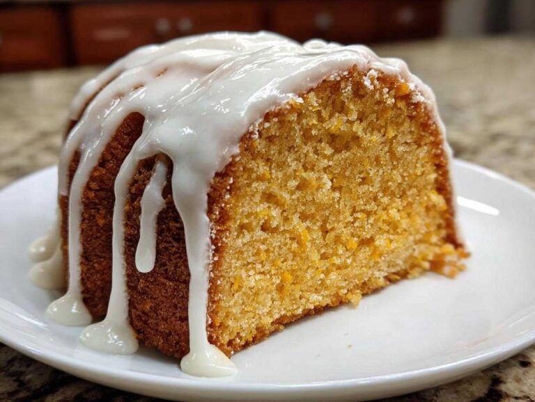 Magnificent 1-Bowl sweet potato pound cake recipe A close-up of a moist slice of sweet potato pound cake topped with thick white vanilla glaze.