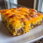 A close-up slice of tater tot breakfast casserole featuring a layer of sausage and a thick, golden layer of melted cheddar cheese.