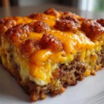 Close-up of a square slice of tater tot breakfast casserole layered with sausage, eggs, and melted cheddar cheese.