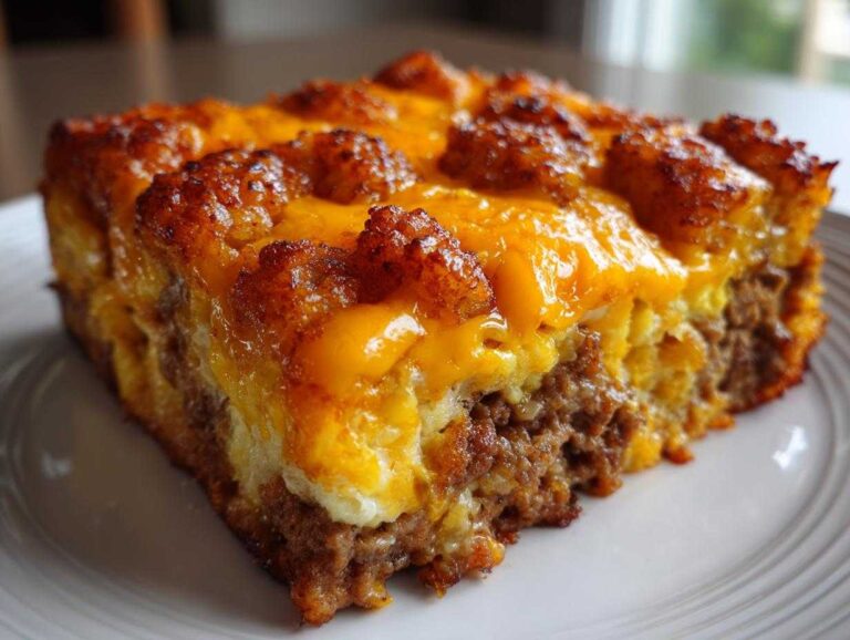 Close-up of a square slice of tater tot breakfast casserole layered with sausage, eggs, and melted cheddar cheese.
