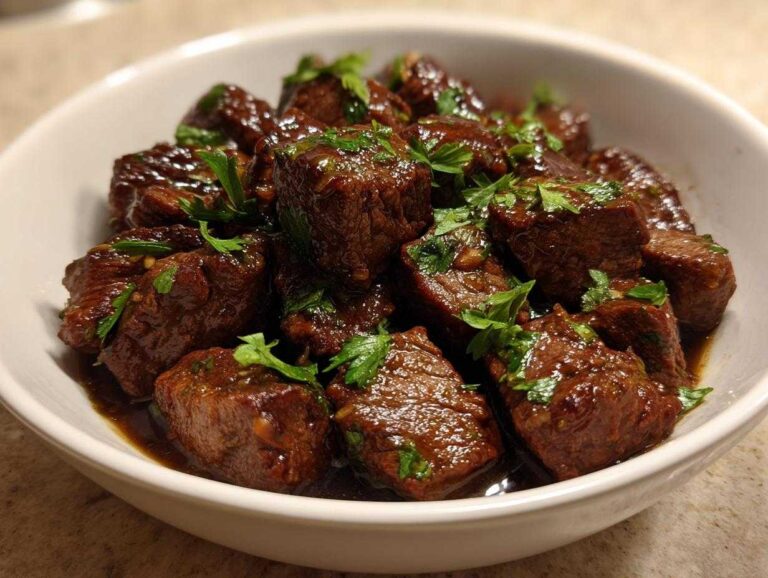 Close-up of tender, saucy crockpot steak bites garnished with fresh parsley in a white bowl.