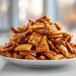 A mound of glistening, caramel-coated toffee chex mix recipe featuring square cereal pieces and small pretzels.