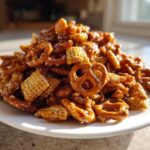 A heaping pile of shiny, glazed toffee chex mix recipe featuring pretzels and square cereal pieces on a white plate.