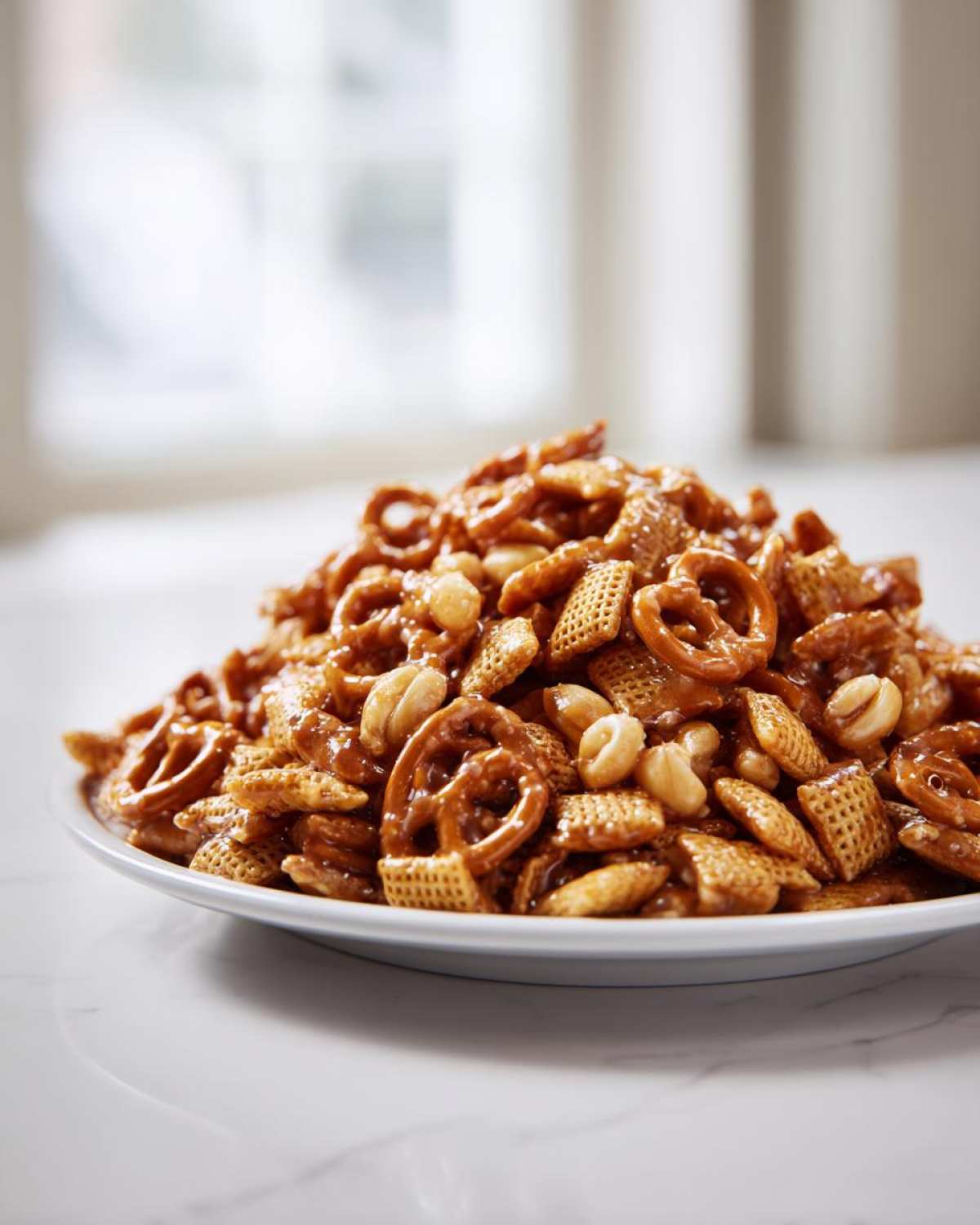 A mound of glossy, caramel-coated toffee chex mix recipe featuring Chex cereal, mini pretzels, and peanuts on a white plate.