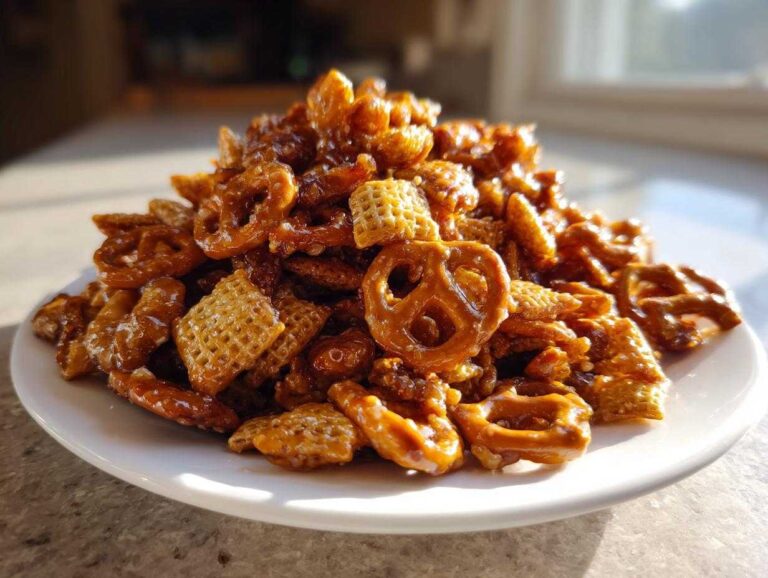A heaping pile of shiny, glazed toffee chex mix recipe featuring pretzels and square cereal pieces on a white plate.