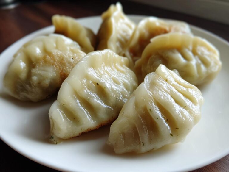 Close-up of several perfectly pleated Traditional Chinese Dumplings, lightly browned on the bottom, served on a white plate.