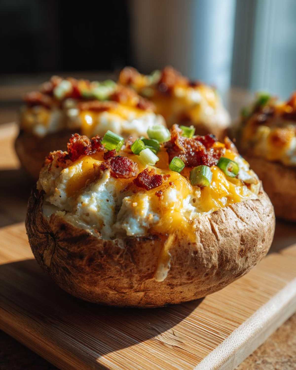 Close-up of a delicious twice baked potato stuffed with creamy filling, melted cheddar, bacon bits, and green onions.