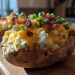 Close-up of a delicious twice baked potato stuffed with creamy filling, melted cheddar cheese, bacon bits, and green onions.