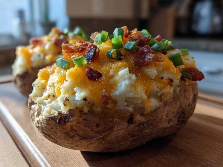 Close-up of a delicious twice baked potato stuffed with creamy filling, melted cheddar cheese, bacon bits, and green onions.