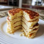A tall stack of incredibly fluffy pancakes cut open to show the airy interior texture, drizzled with syrup.